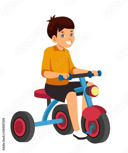 Happy child on bycicle. Small boy sitting on transport vehicle. Childhood vector illustration. Smiling person isolated on white background. Joy and fun on holiday or weekend