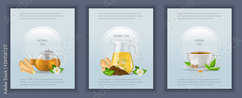 Realistic glass decanter with of chamomile, transparent teapot with ginger tea, ceramic cup with hot fresh black tea, ground roots poster infographic on a light background vector