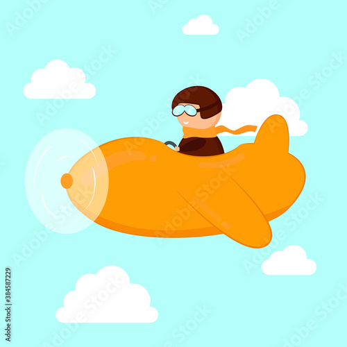An illustration of a pilot in a yellow airplane with a blue sky and white clouds.