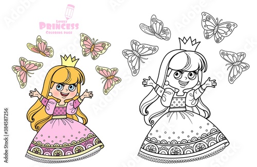 Cute princess in pink dress surrounded by butterflies outlined and color for coloring book