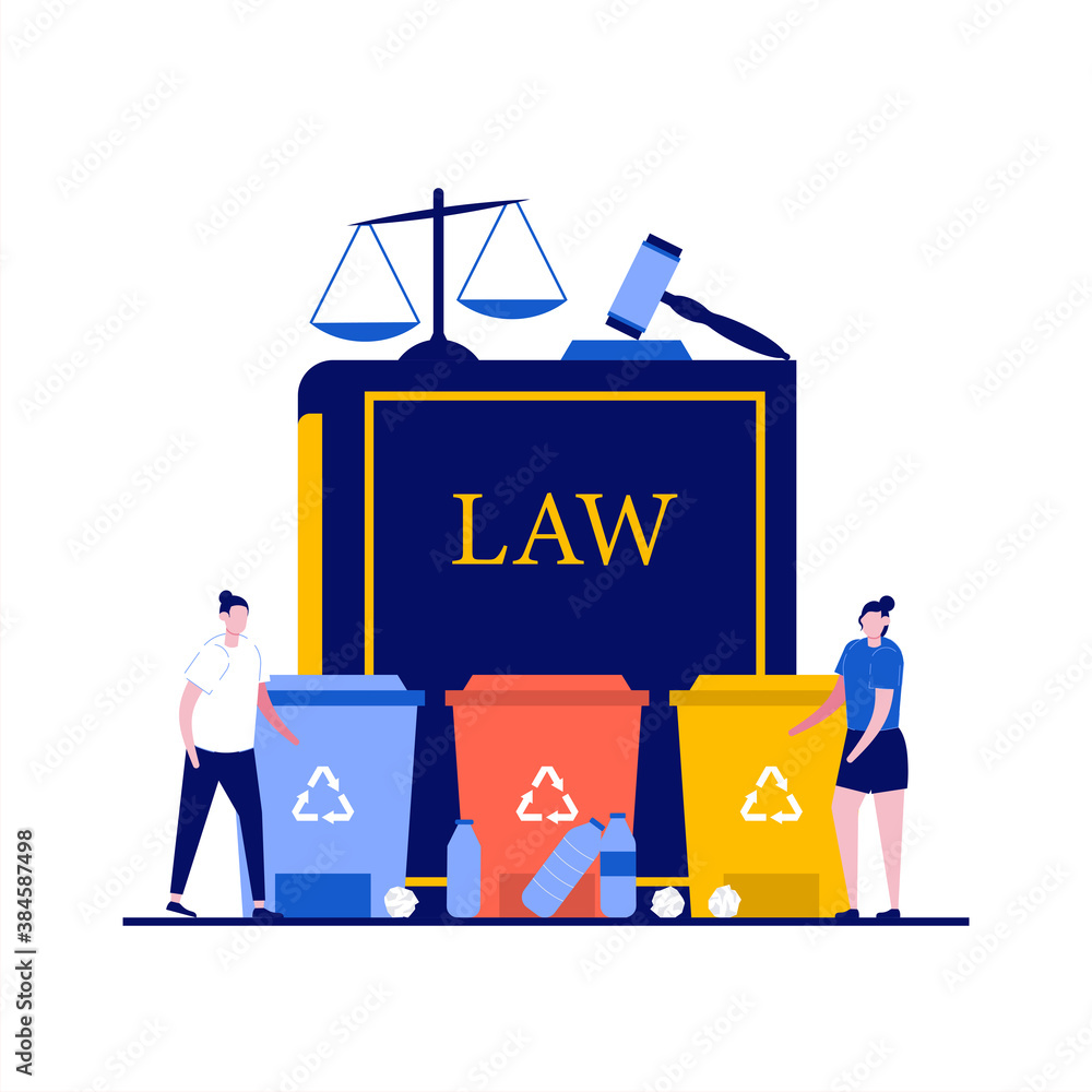 Recycling laws concept with character. Law book with trash cans and house hold waste, judge gavel, scales of justice. Modern flat style for landing page, mobile app, web banner, hero images - obrazy, fototapety, plakaty 