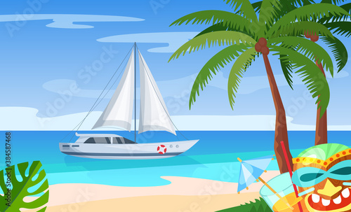 Maritime ships at sea, sailing yacht near tropical beach with palm. Water transportation tourism transport cartoon vector