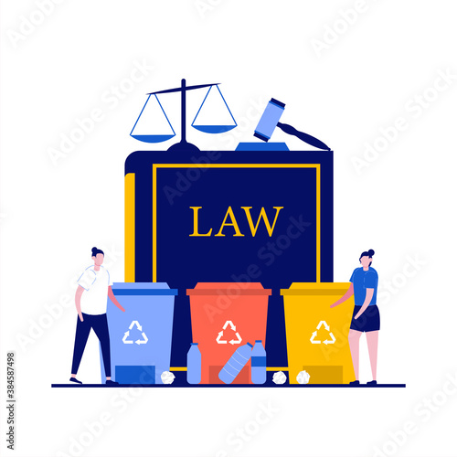 Recycling laws concept with character. Law book with trash cans and house hold waste, judge gavel, scales of justice. Modern flat style for landing page, mobile app, web banner, hero images