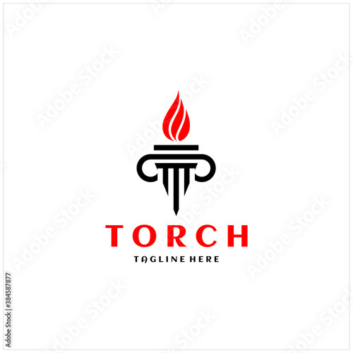 Initial Letter T Burning Torch Fire Flame with Pillar Column Logo Design