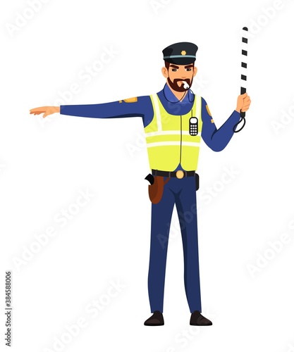 Police officer regulating traffic on road. Policeman stopping, standing with stick and whistle, showing gesture to go. Safe driving vector illustration. Man in uniform isolated on white background