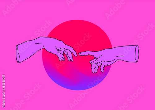 Hands going to touch together, look like the Michelangelo's art work. Cyberpunk and vaporwave style collage.