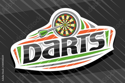 Vector logo for Darts Sport, white modern emblem with illustration of flying darts arrow in target, unique lettering for black word darts, sports sign with decorative flourishes and trendy line art.