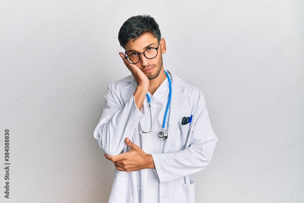 Young handsome man wearing doctor uniform and stethoscope thinking looking tired and bored with depression problems with crossed arms. Young handsome man wearing doctor uniform and stethoscope thinking looking tired and bored with depression problems with crossed arms.