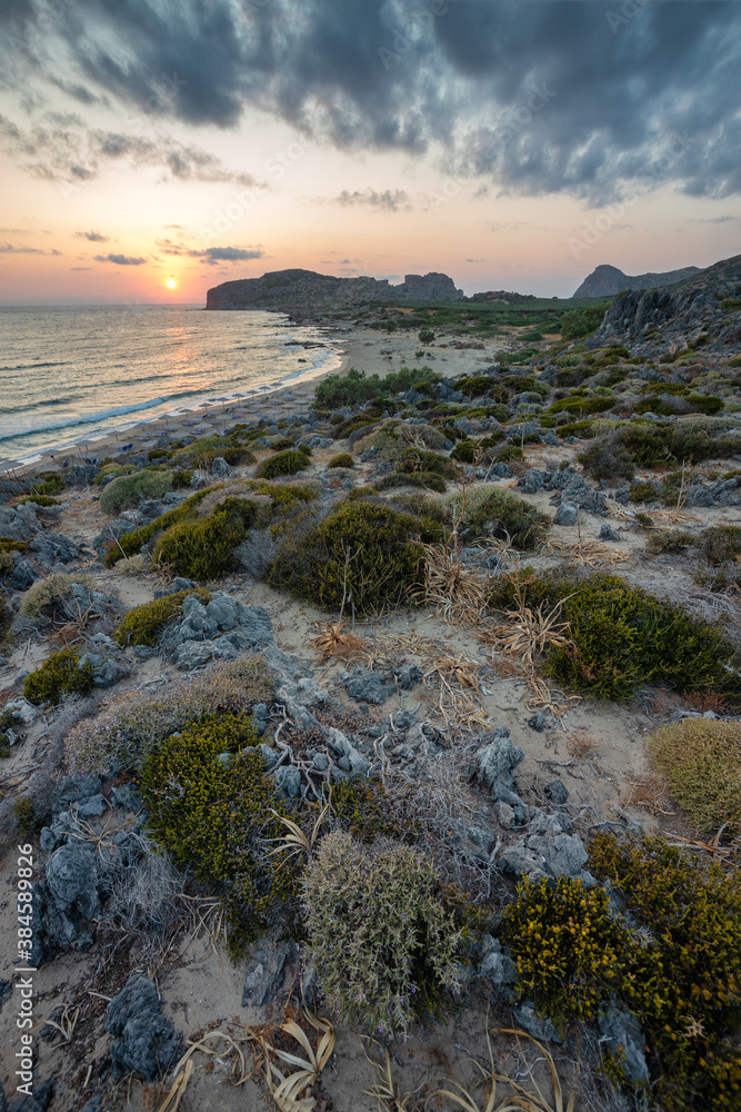 Sunset view near Falasarna beach on Crete island, Greece.