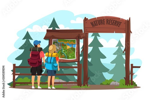 Couple camping in forest. Man and woman traveling in park with backpacks. Tourist outdoor romantic scene vector. Happy girl and boy looking at map on blackboard