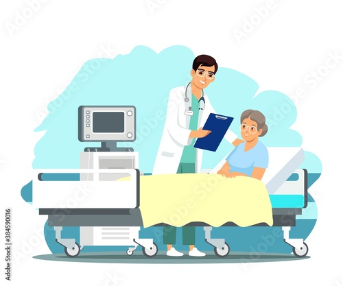 Doctor consulting old patient in hospital. Health care vector illustration. Man doing checkup consultation in clinic, unwell woman sitting in bed. Staying at ward, receiving treatment