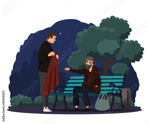 Man helping poor homeless man in park. Poverty and charity vector illustration. Guy giving coat to beggar in poverty. Social inequality in society. Volunteer worker donating clothes