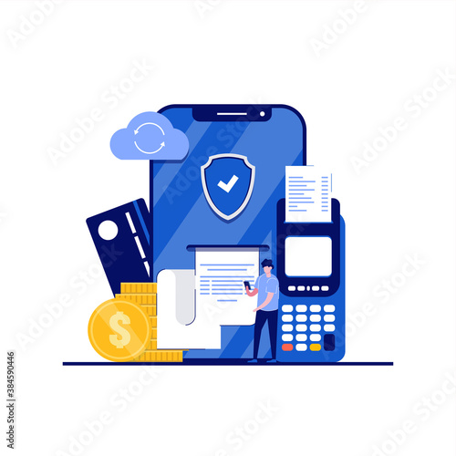 Payment terminals concept with character. People stand near pos terminal with bank card, mobile phone with paper receipt bill. Modern flat style for landing page, mobile app, hero images