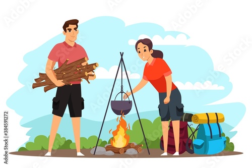 People camping, preparing food in boiling pot. Couple traveling on adventure, trekking stopping to eat with backpacks. Tourist outdoor scene vector illustration. Cooking food on bonfire