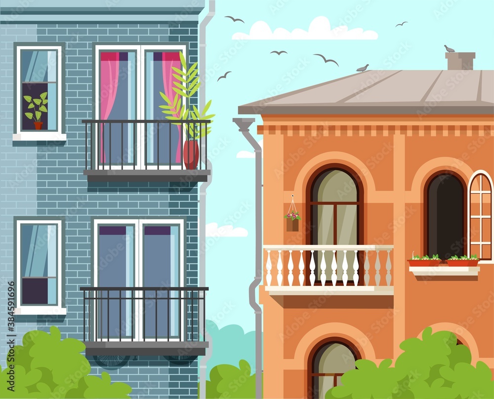 Balcony in houses front view. Safe indoor quarantine vector illustration. Cozy windows and balconies with plants in pots. Modern urban cartoon cityscape. Building outdoor scene