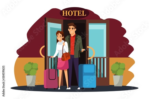 Hotel scene with couple at entrance. Man and woman with luggage at doors, after checking in or going to room. Happy holiday vacation vector illustration. People staying at modern hotel