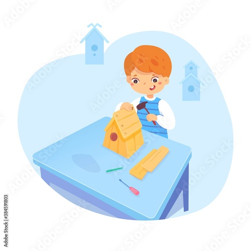 Kid building birdhouse at class. Boy crafting house for birds from wood with hammer, nails. Weekend hobby activities vector. Smart child having fun illustration