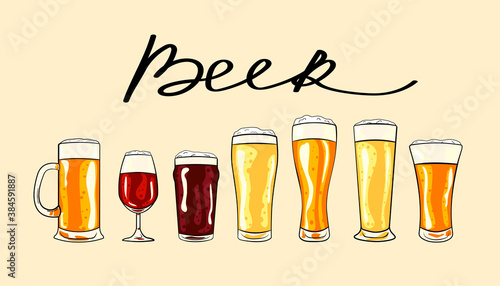 A set of beer glasses with different types of beer. Isolated icons. Vector illustration for menu design.