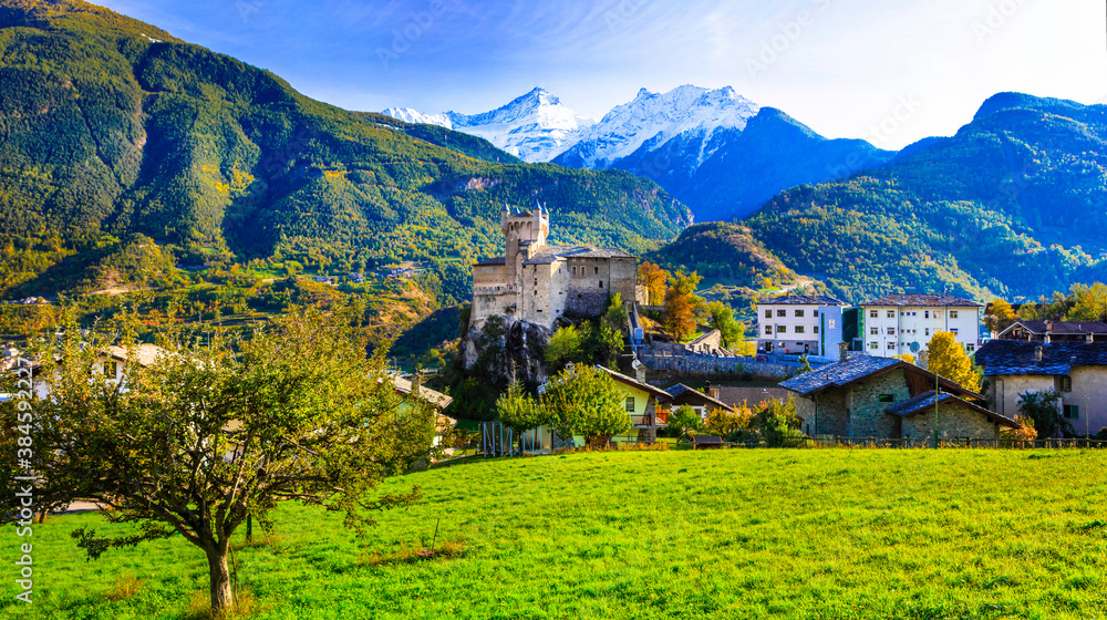 Impressive Alps mountains landscape, beautiful valley of castles and vineyards - Valle d'Aosta in northern Italy