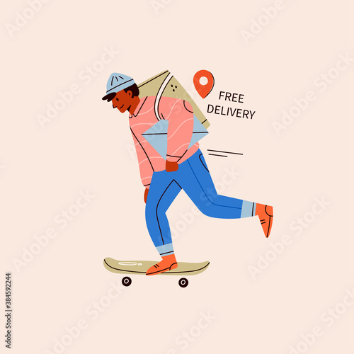 Delivery man or boy riding skateboard with a delivery box. Courier with a Parcel. Takeaway Food Delivery service concept. Cute funny character. Hand drawn isolated trendy Vector illustration