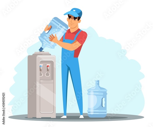 Bottled water delivery flat vector illustration. Man in uniform standing near cooler cartoon character. Service worker changing water cooler jug. Plastic containers.