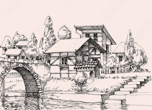 Village houses on a water channel hand drawing. Generic urban architecture © Danussa