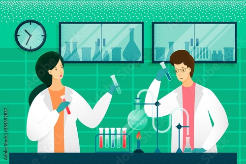Scientists doing research in lab illustration. Woman and man working in medical laboratory. Innovation teamwork vector. Chemists holding flask, chemical test conducted