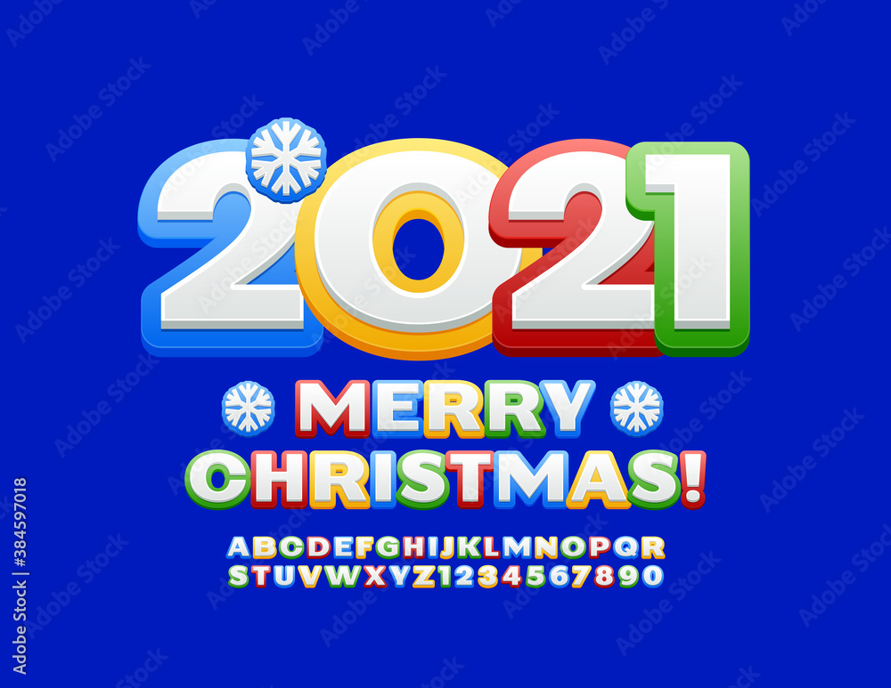 Vector cute greeting card Merry Christmas 2021! Children style Font. Colorful Alphabet Letters and Numbers set Vector cute greeting card Merry Christmas 2021! Children style Font. Colorful Alphabet Letters and Numbers set