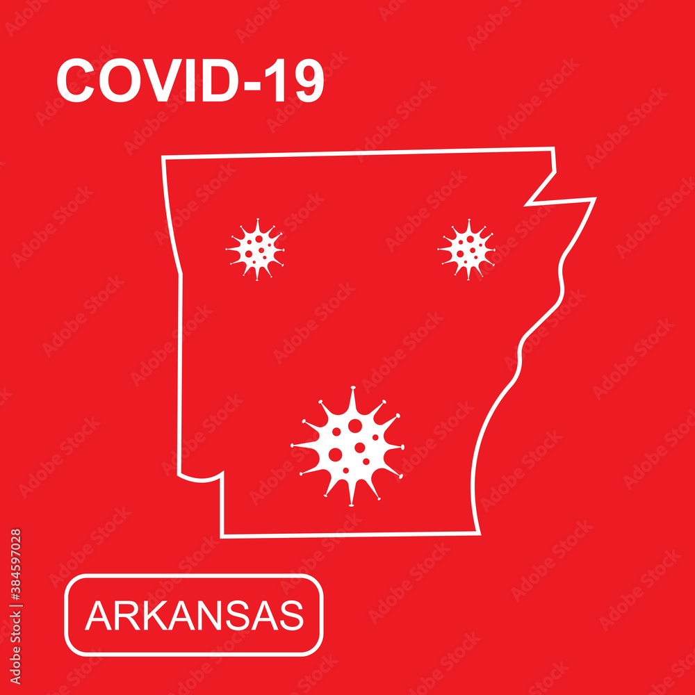 Map of Arkansas State labeled "COVID19". White outline map on a red background. Vector