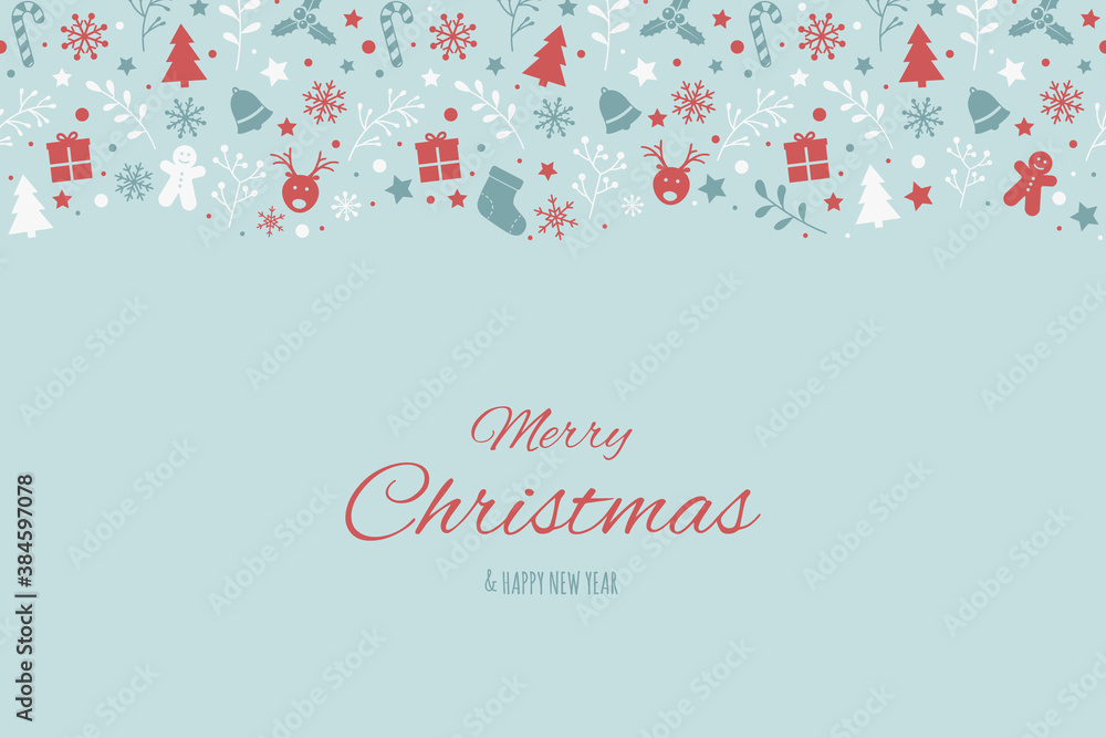 Concept of Christmas greeting card with decorations and wishes. Vector