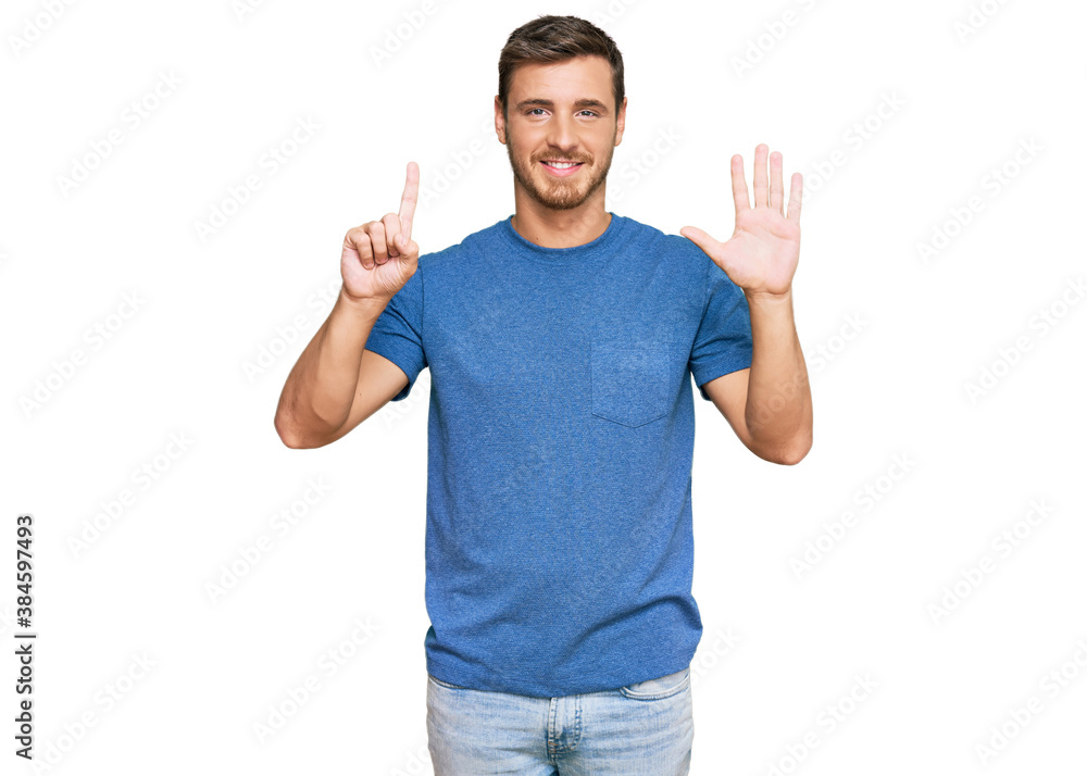 Handsome caucasian man wearing casual clothes showing and pointing up with fingers number six while smiling confident and happy. Handsome caucasian man wearing casual clothes showing and pointing up with fingers number six while smiling confident and happy.