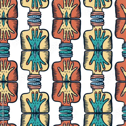 Seamless colorful vector pattern of ornamental hand with snake in test tube