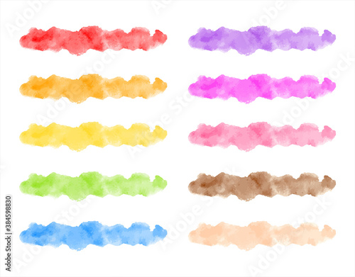 Set of colorful watercolor vector uneven stripes, thin brush strokes, long spots, smears. Banner shape graphic design elements collection, watercolour stains text background, frame or border template