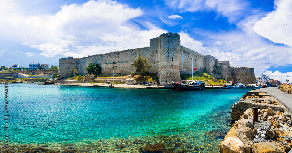 Cyprus landmarks - old town of Kyrenia (Girne) turkish part of island. Marine with castle.
