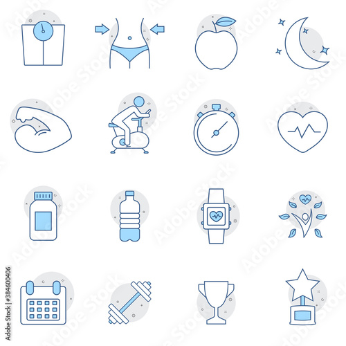 Fitness and healthy lifestyle thin line icons set. Gym equipment. Flat line style infographics. Premium symbols isolated on a white background.