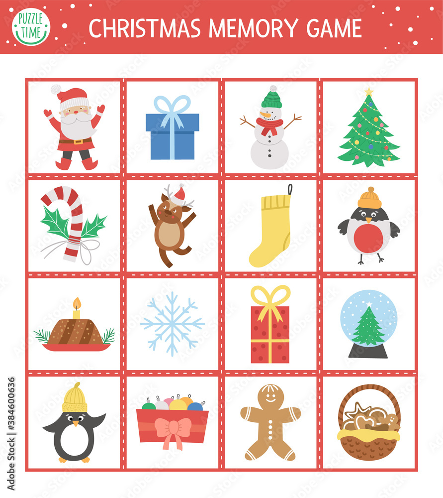 Christmas memory game cards with traditional holiday symbols. Matching activity with funny characters. Remember and find correct card. Simple winter printable worksheet for kids. . Christmas memory game cards with traditional holiday symbols. Matching activity with funny characters. Remember and find correct card. Simple winter printable worksheet for kids. .