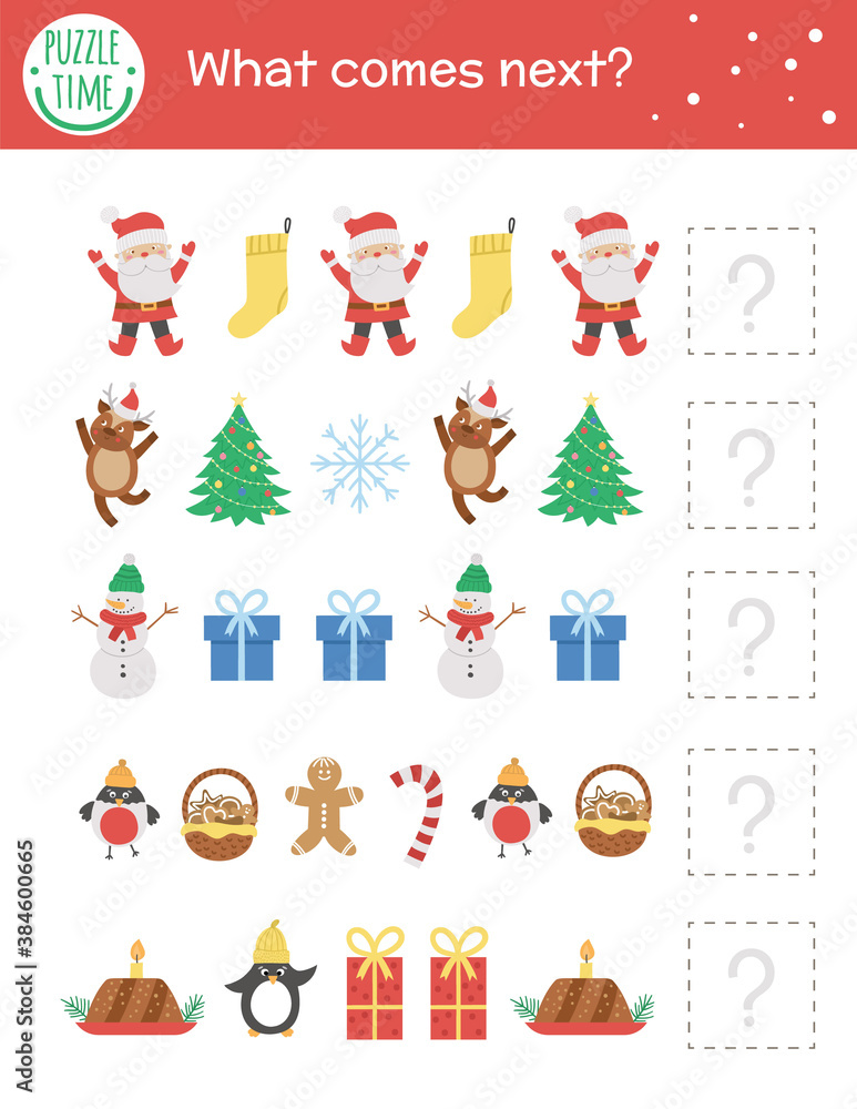 What comes next. Christmas matching activity for preschool children with traditional holiday symbols. Funny educational puzzle. Logical quiz worksheet. Continue the row. Simple winter game for kids.