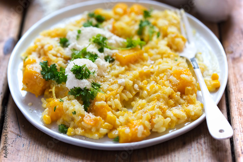 Pumpkin and sweet corn risotto with ricotta, parmesan and parsley