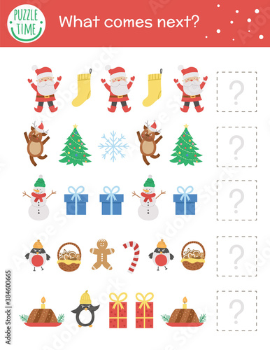 What comes next. Christmas matching activity for preschool children with traditional holiday symbols. Funny educational puzzle. Logical quiz worksheet. Continue the row. Simple winter game for kids.