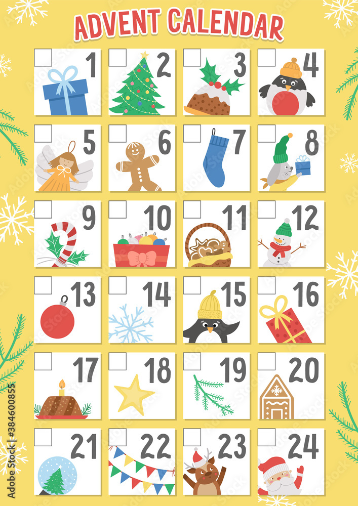 Vector Christmas advent calendar with traditional holiday symbols. Cute winter planner for kids. Festive poster design with Santa Claus, fir tree, deer, present.