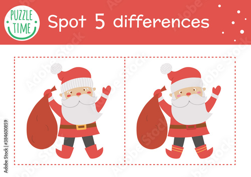 Christmas find differences game for children. Winter educational activity with funny Santa Claus. Printable worksheet with smiling character. Cute New Year puzzle for kids.