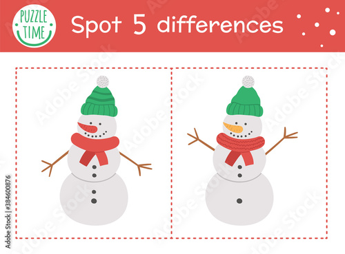 Christmas find differences game for children. Winter educational activity with funny snowman. Printable worksheet with smiling character. Cute New Year puzzle for kids.