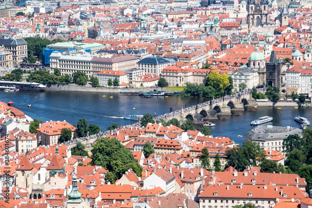 Obraz premium Prague panorama charles bridge river from mountain skyview