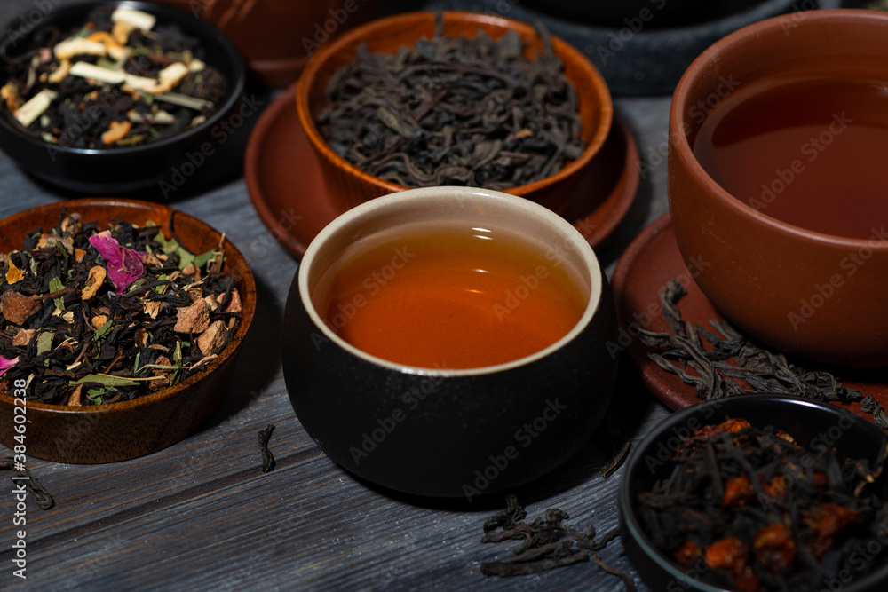tea assortment. black, floral and herbal drinks, closeup tea assortment. black, floral and herbal drinks, closeup
