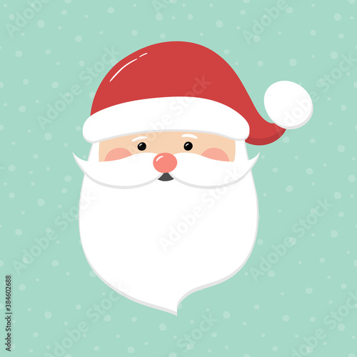 Happy Santa Claus head on background with snowflakes. Christmas decoration. Vector