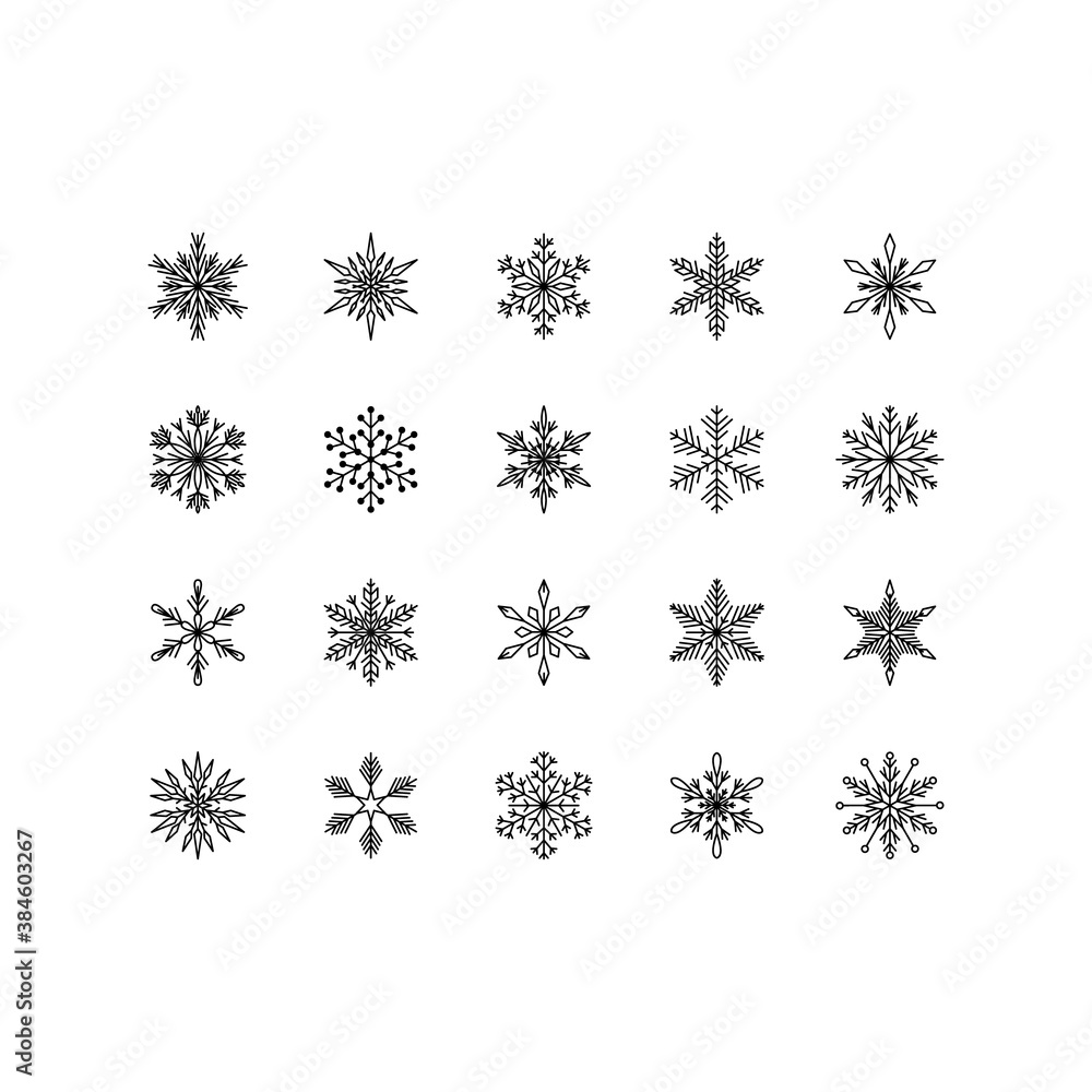 Snowflake vector icon set on white background. Winter christmas snowflake crystal element. Editable stroke Snowflake vector icon set on white background. Winter christmas snowflake crystal element. Editable stroke