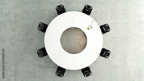 modern circular meeting table top view with office chairs and concrete floor 3D rendering