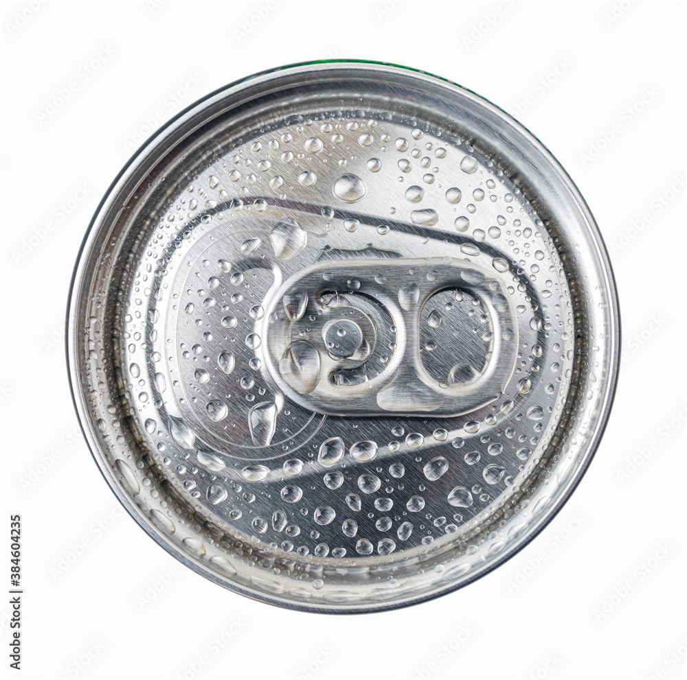 Water drops on a cold beer or soda can top isolated on white background. Drinking on the go beverages in aluminum cans with pull tabs. Water drops on a cold beer or soda can top isolated on white background. Drinking on the go beverages in aluminum cans with pull tabs.
