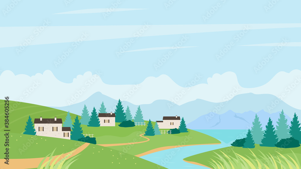 Summer village and river landscape vector illustration. Cartoon green nature scenery with picturesque settlement on riverbank, farmers houses and gardens, summertime natural panorama background