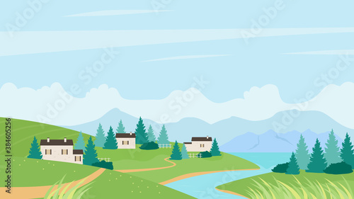 Summer village and river landscape vector illustration. Cartoon green nature scenery with picturesque settlement on riverbank, farmers houses and gardens, summertime natural panorama background